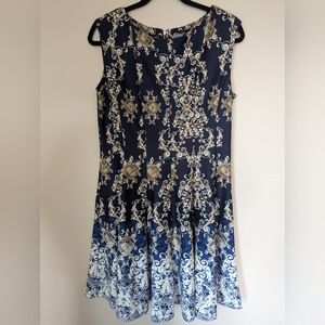 Danny & Nicole Navy and Gold Patterned Dress Size 12